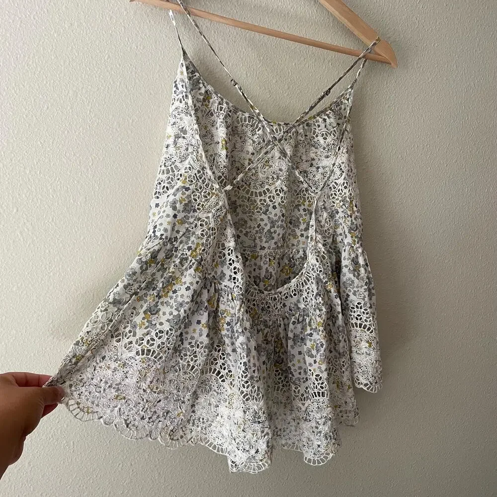 Free People Floral Babydoll Eyelet Tank Top Cottage Boho Soft Girl | Size S